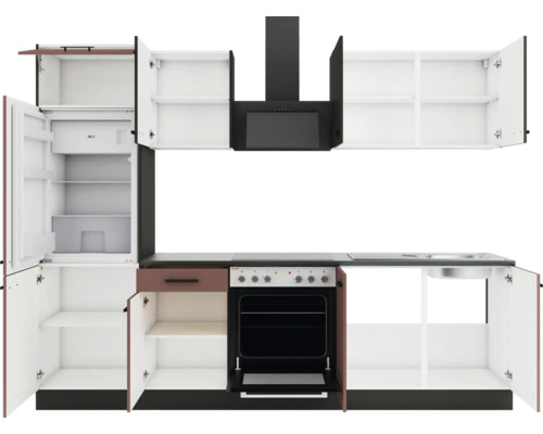 Küchenzeile mit Kühlschrank, Spüle, Herd, Backofen und Dunstabzugshaube