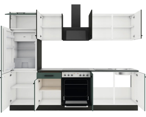 Küchenzeile mit Kühlschrank, Spüle, Herd und Dunstabzugshaube