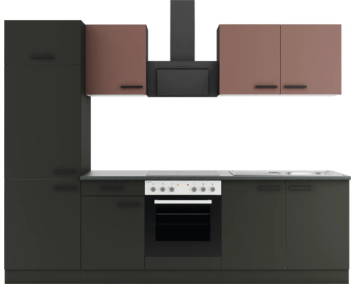 Küchenzeile mit Ober- und Unterschränken, Herd und Dunstabzugshaube