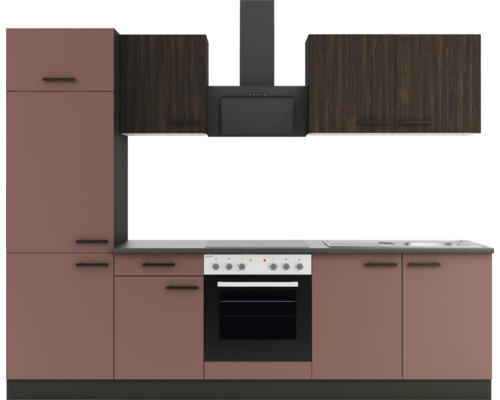 Cuisine complète sans appareils Optifit OPTIkompakt Rimini409/Nizza407 noyer/rouge rouille/anthracite largeur 270 cm KPRN 2711OE-9+