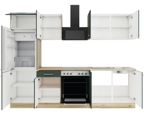 Cuisine équipée avec réfrigérateur, évier, cuisinière et hotte.