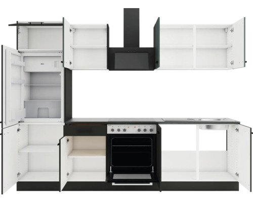 Küchenzeile mit Kühlschrank, Herd, Spüle, Dunstabzugshaube und offenen Schränken
