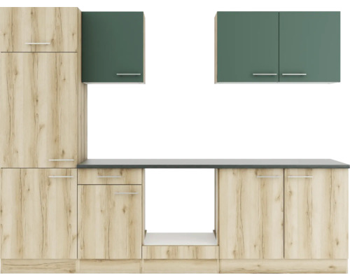 Bloc cuisine complète Optifit Savona405/Livorno290 270 cm façade vert chêne sauvage mate, corps chêne sauvage variante réversible démonté