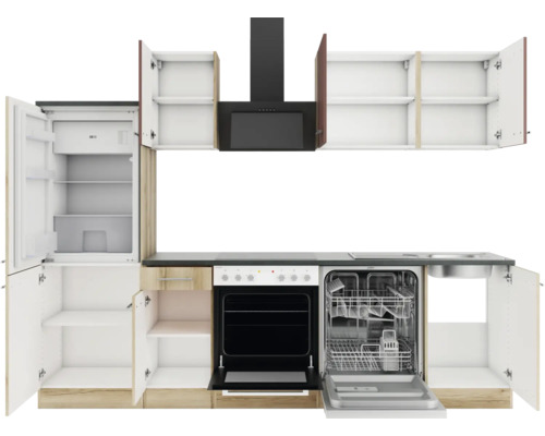 Cuisine complète avec appareils électriques tels que réfrigérateur, cuisinière, hotte aspirante et lave-vaisselle avec portes d''armoires ouvertes.