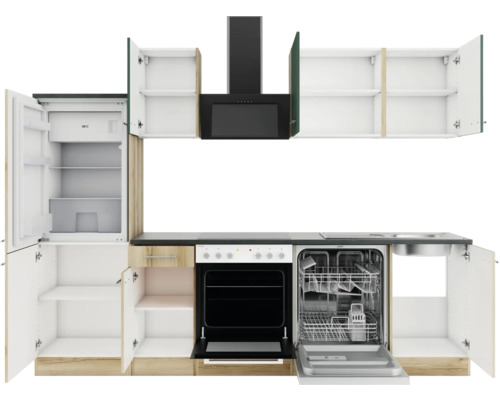 Küchenzeile mit Kühlschrank, Herd, Geschirrspüler und Dunstabzugshaube