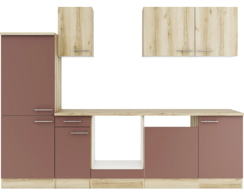 Bloc cuisine complète Optifit Livorno290/Bari407 270 cm façade chêne sauvage rouge rouille mate, corps chêne sauvage variante réversible démonté