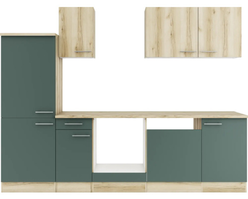 Cuisine complète sans appareils Optifit OPTIkompakt Livorno290/Savona405 chêne sauvage/vert pierre largeur 270 cm KPLS 2742OE-9+