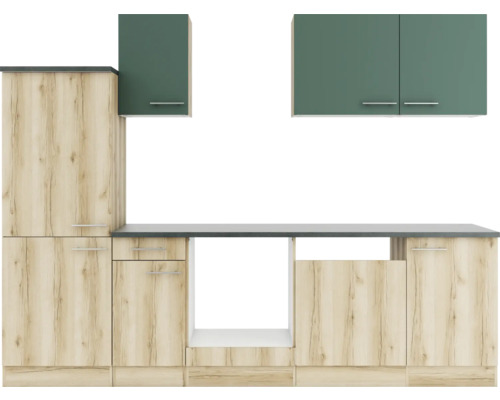 Bloc cuisine complète Optifit Savona405/Livorno290 270 cm façade vert chêne sauvage mate, corps chêne sauvage variante réversible démonté