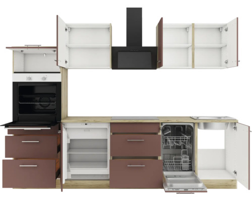 Cuisine équipée avec appareils intégrés tels que four, réfrigérateur, lave-vaisselle et hotte aspirante.