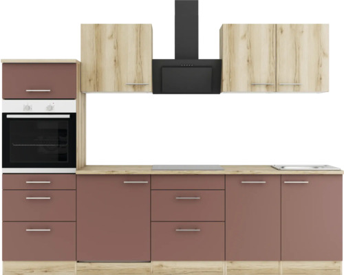 Bloc cuisine complète Optifit Livorno290/Bari407 270 cm façade chêne sauvage rouge rouille mate, corps chêne sauvage variante réversible démonté