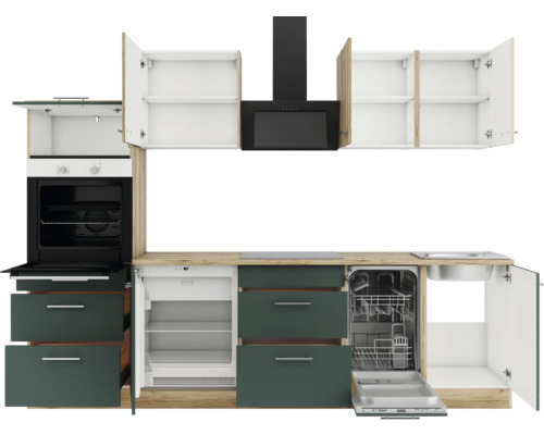 Cuisine équipée avec évier, lave-vaisselle, réfrigérateur, cuisinière, hotte et placards hauts