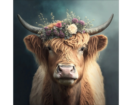 Glasbild Flower Highland Cattle 20x20 cm