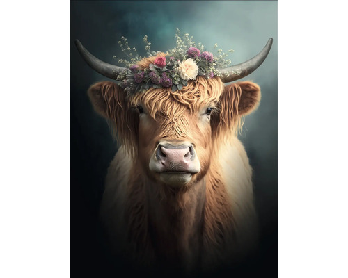 Tableau en verre Flower Highland Cattle 60x80 cm Portrait d''une vache Highland avec une couronne de fleurs