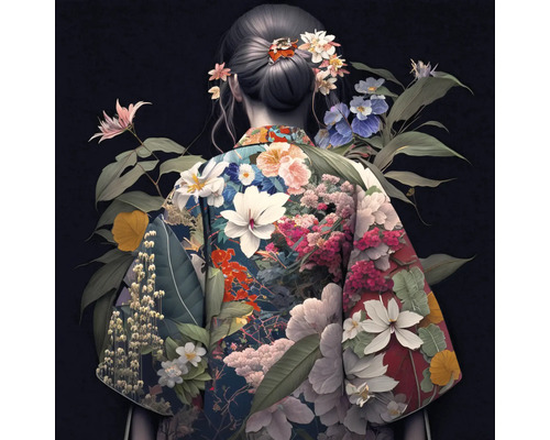 Illustration einer Frau mit floral gemustertem Kimono von hinten