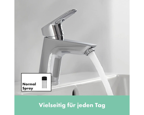 Einhebel Waschbeckenarmatur mit Wasserstrahl und Symbol für Normalstrahl.