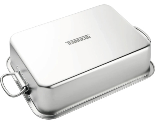 Tenneker Logo auf einer rechteckigen Edelstahl Auflaufform mit Griffen