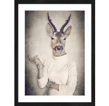 Image encadrée d''un cerf en blouse de médecin avec des gants