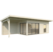 Abri de jardin en bois avec toit plat, terrasse et fenêtres