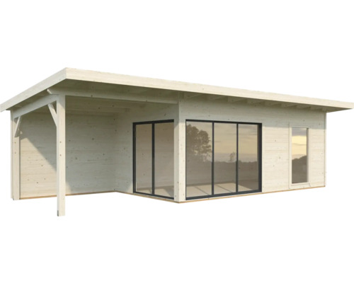 Abri de jardin en bois avec toit plat, terrasse et fenêtres
