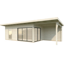 Abri de jardin moderne avec toit plat, fenêtres et portes coulissantes