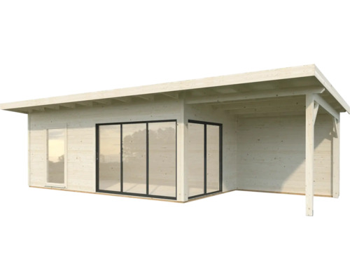 Abri de jardin moderne avec toit plat, fenêtres et portes coulissantes