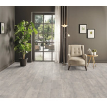 Salon avec revêtement de sol clair, fauteuil, lampadaire et plante en pot