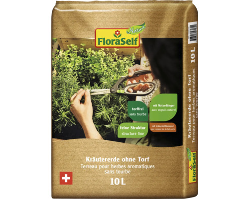 FloraSelf Nature® Terreau pour herbes aromatiques sans tourbe10 l FloraSelf Terreau pour herbes aromatiques sans tourbe, sac de 10 litres