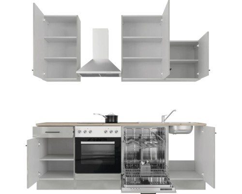 Cuisine moderne avec armoires encastrées, hotte aspirante, cuisinière, lave-vaisselle et évier