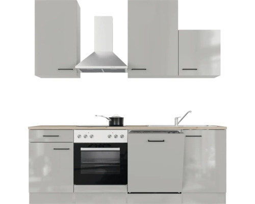 Cuisine complète avec évier, plaque de cuisson, four, hotte aspirante et éléments hauts