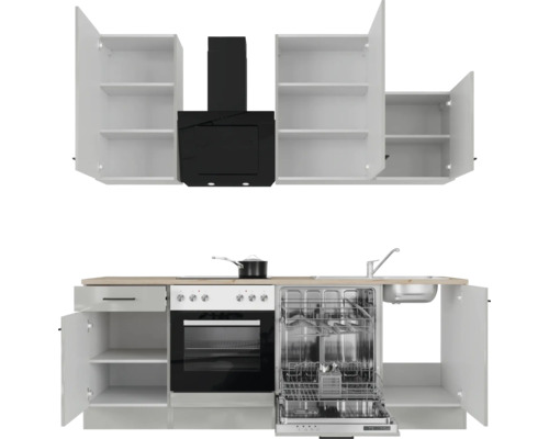 Cuisine équipée avec éléments hauts, hotte aspirante, cuisinière, lave-vaisselle et évier