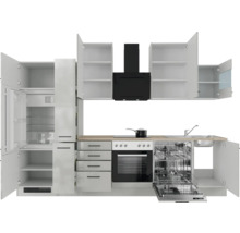 Cuisine moderne avec armoires blanches, hotte noire et appareils intégrés