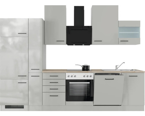 Cuisine moderne avec armoires de cuisine, hotte aspirante, cuisinière et lave-vaisselle