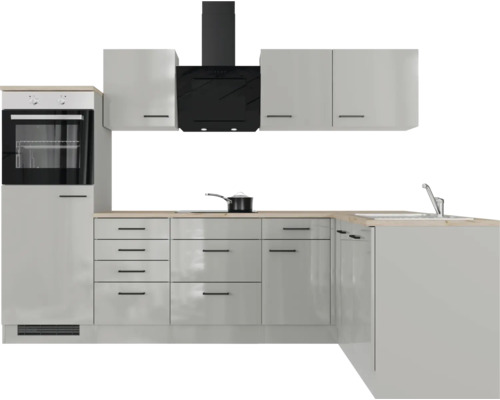 Cuisine équipée avec four encastrable, hotte aspirante, évier et placards