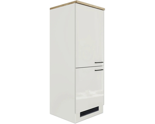 Haut meuble de cuisine blanc avec plateau en bois