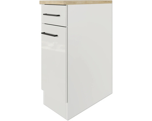 Meuble bas blanc avec deux tiroirs et un plateau en bois