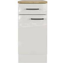 Meuble bas blanc avec deux tiroirs et un plan de travail en bois