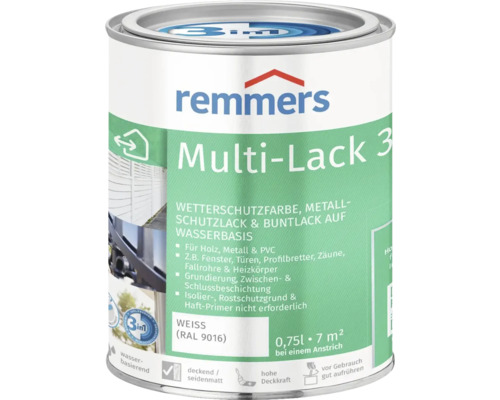 Vernis isolant multi RAL 9016 blanc 750 ml Remmers Multi-Lack 3en1 peinture de protection contre les intempéries, vernis de protection des métaux et vernis coloré à base d'eau, boîte de 0,75 litre