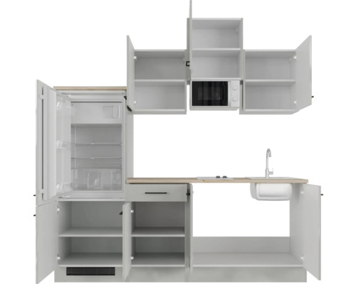 Küchenzeile mit Spüle, Kühlschrank und Mikrowelle