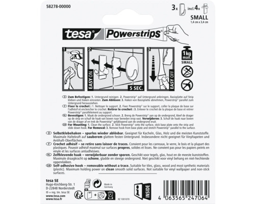 Tesa Powerstrips, trois crochets avec quatre bandes adhésives, petite taille