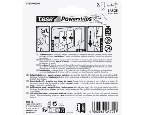Crochets Tesa Powerstrips, deux pièces, avec quatre bandes adhésives, grand modèle