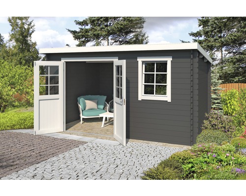 Abri de jardin avec double porte et fenêtre dans le jardin