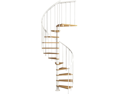 Escalier en colimaçon Pertura Cleon chêne multiplex Ø 120 cm blanc 11 Pièce(s) marches/12 pas de marche Escalier en colimaçon avec marches en bois et rampe blanche