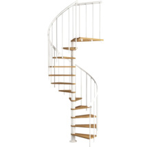 Escalier en colimaçon avec marches en bois et rampe blanche