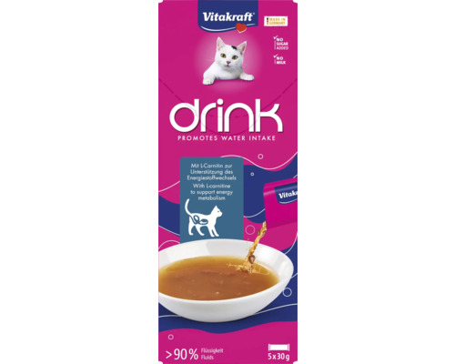 Vitakraft Katzendrink Lachsgeschmack+L-Carnitin 5x30g Vitakraft Drink Katzengetränk zur Förderung der Wasseraufnahme, 5 mal 30 Gramm