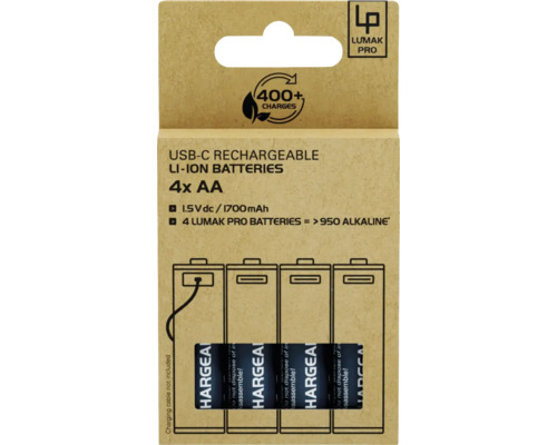 Emballage de quatre piles AA lithium-ion rechargeables USB-C