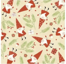 Motif de Noël avec des lutins, des cadeaux et des branches de sapin.