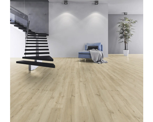Pièce à vivre lumineuse avec sol stratifié imitation bois, escalier, fauteuil et plante d''intérieur