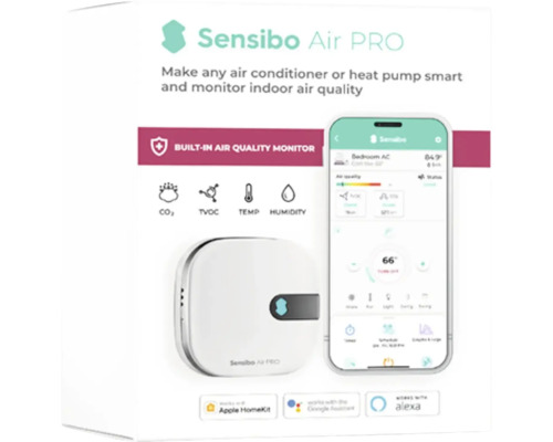 Sensibo Air PRO Verpackung mit Luftqualitätsmonitor und Smartphone-App