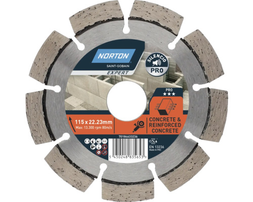 Norton Disque diamant à tronçonner Pro EU Silent Ø 115 mm x 22, 23 mm Disque à tronçonner Norton Saint-Gobain Expert, 115 x 22.23 millimètres, adapté au béton et au béton armé