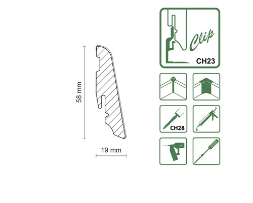 Illustration eines Sockelleistenprofils mit Abmessungen und Befestigungssymbolen